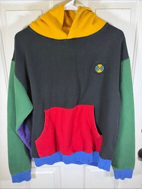 Cross Colours Colorblock Hooded Sweatshirt in Black, Green, Red & Yellow